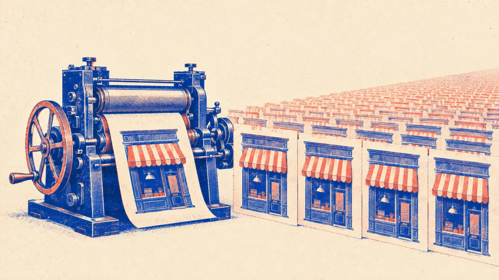 A printing press reproduces a storefront into a long row of identical online shops, illustrated in blue and coral