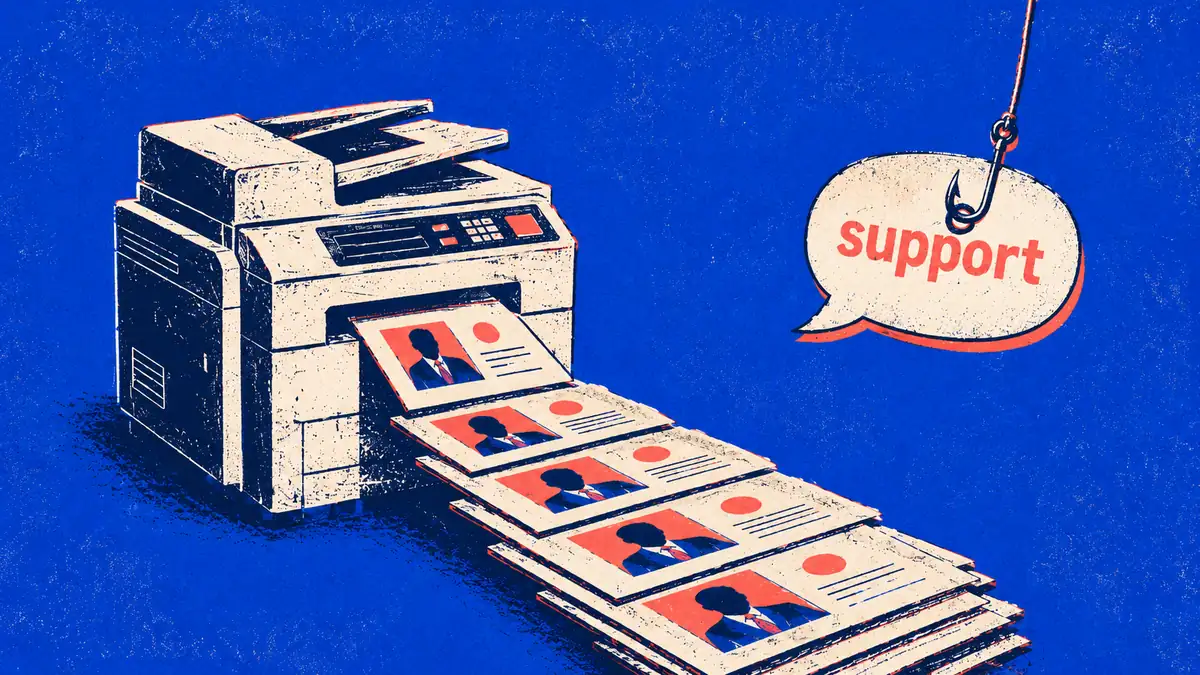 Illustration of a photocopier printing duplicate business-profile cards, beside a phishing hook through a 'support' speech bubble