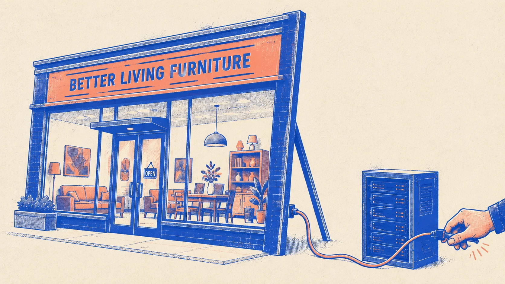 Illustration of a storefront revealed from the side as a flat stage prop with a support strut, connected by a cable to a server cabinet where a hand is pulling the plug