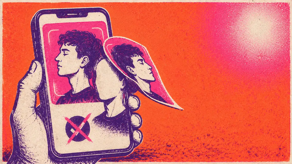 Illustration of a hand holding a phone showing a profile portrait whose face peels off like a mask, beside a crossed-out verification badge
