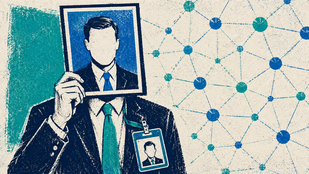 Illustration of a suited figure holding a framed corporate headshot over a blank face, with a forged ID badge and a network of connected dots