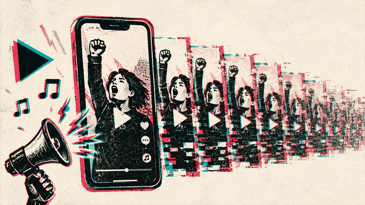 Illustration of a phone playing a video that glitches into a fan of duplicate copies, amplified by a megaphone