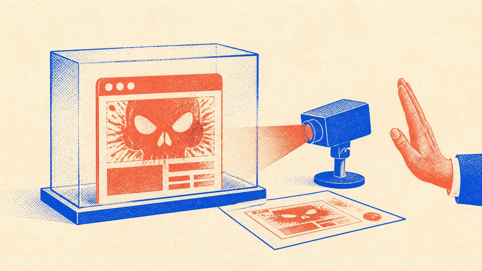 Editorial illustration of a suspicious browser window isolated behind a protective screen while a scanner records its code and screenshot as sealed evidence